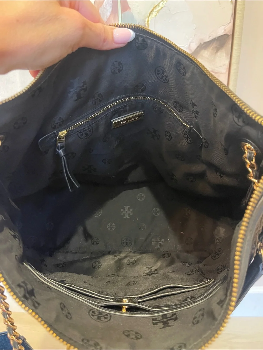 Tory Burch Black Quilted Leather Chain Shoulder Bag with Tassel